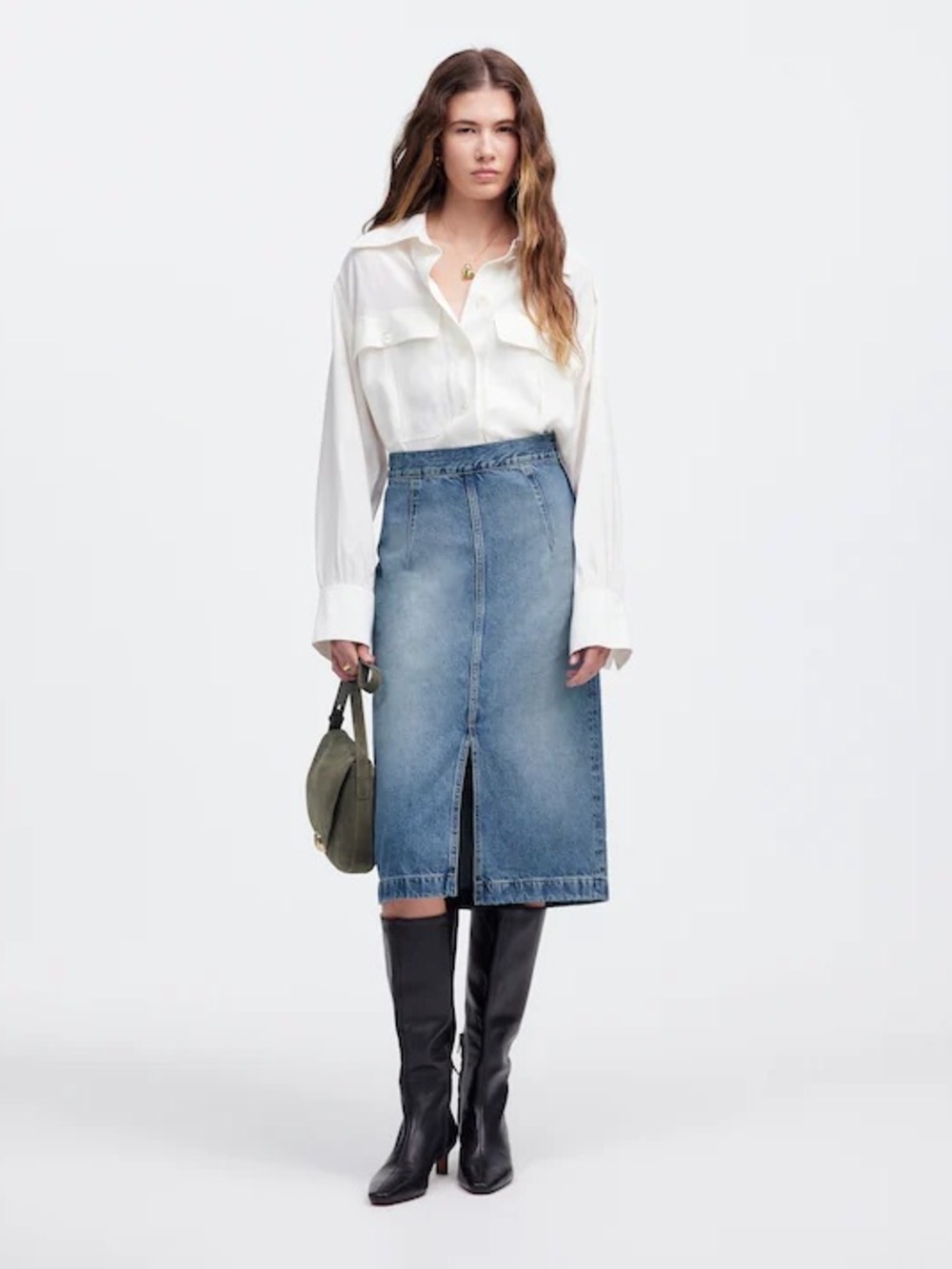 NWT Madewell Denim Midi Pencil Skirt Size 24 in Billings Wash‎ Front Slit